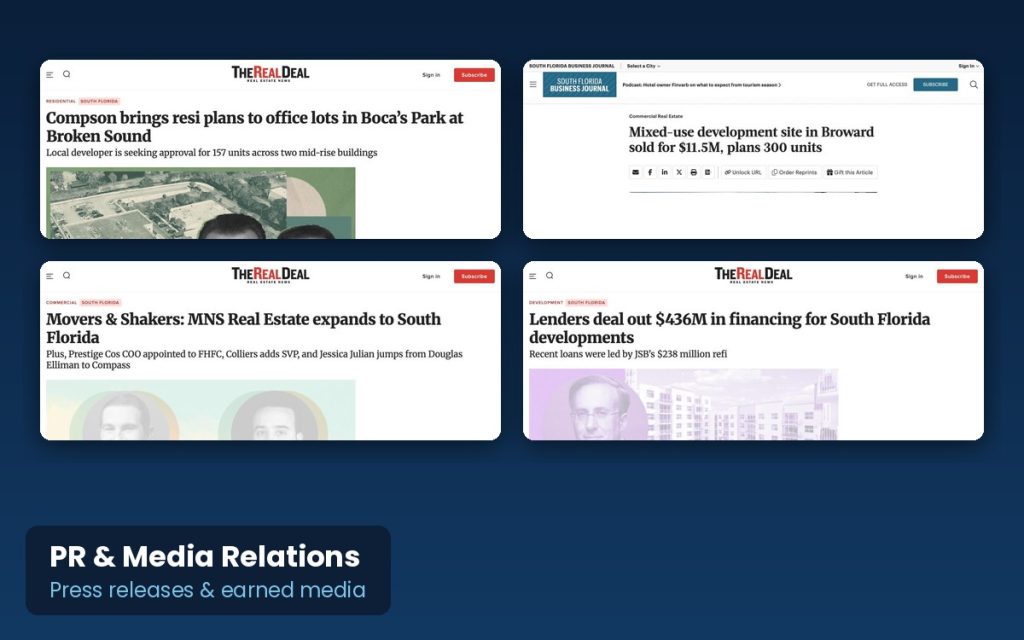 Real estate press coverage earned for Creative Mindworks clients in The Real Deal and the South Florida Business Journal