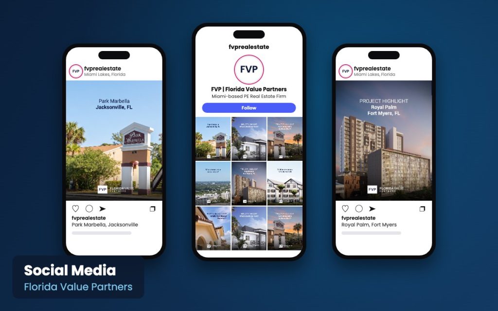 Florida Value Partners Instagram feed posts and profile grid on three phones, social media by Creative Mindworks