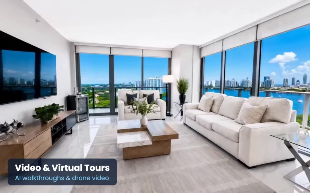 AI virtual walkthrough video of a Miami condo living room with bay views