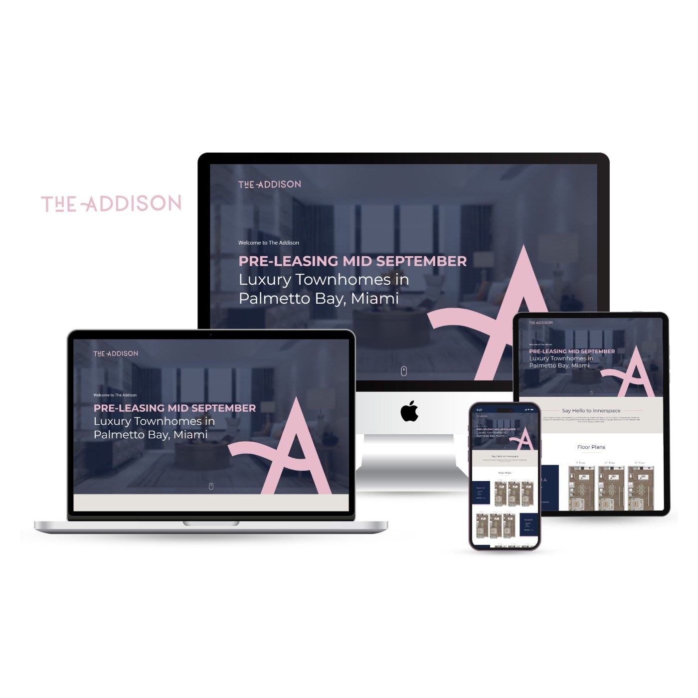 Pre-leasing website for The Addison luxury townhomes in Palmetto Bay, Miami