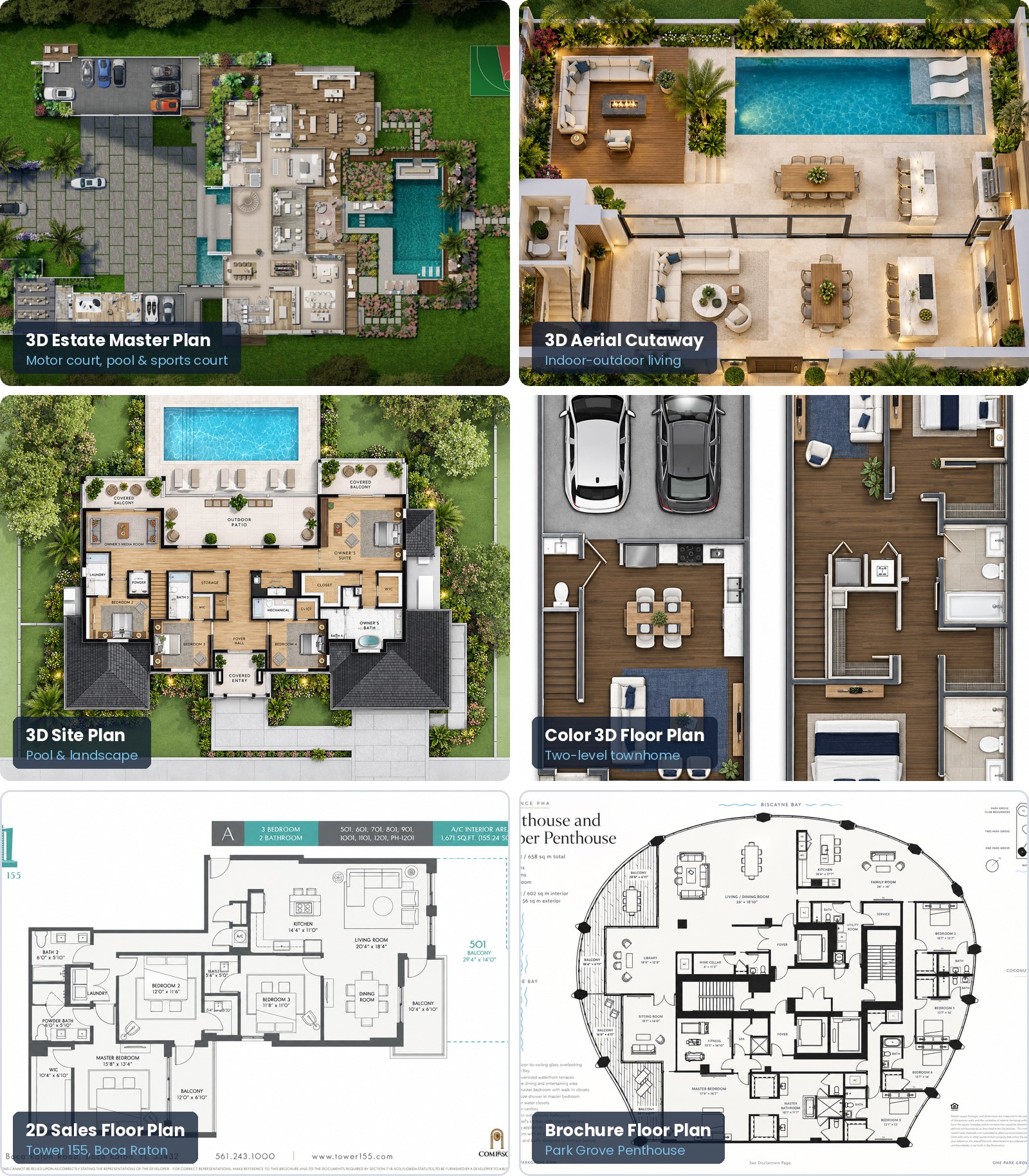 Real estate floor plan styles: 3D estate master plan with motor court and pool, 3D aerial cutaway, 3D site plan, color 3D townhome floor plan, 2D sales floor plan for Tower 155 and a Park Grove penthouse brochure floor plan