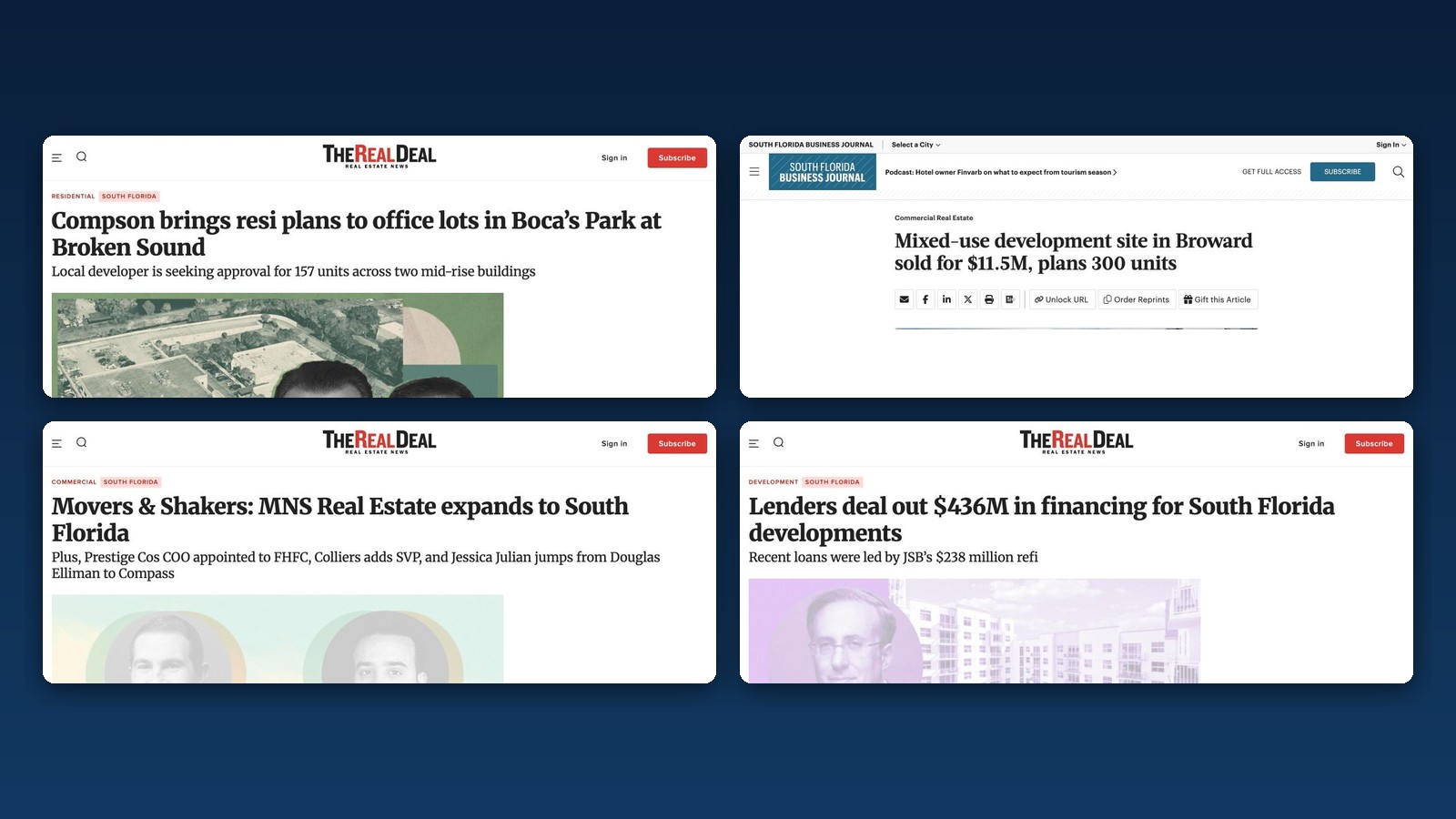 Real estate press coverage earned for Creative Mindworks clients in The Real Deal and the South Florida Business Journal