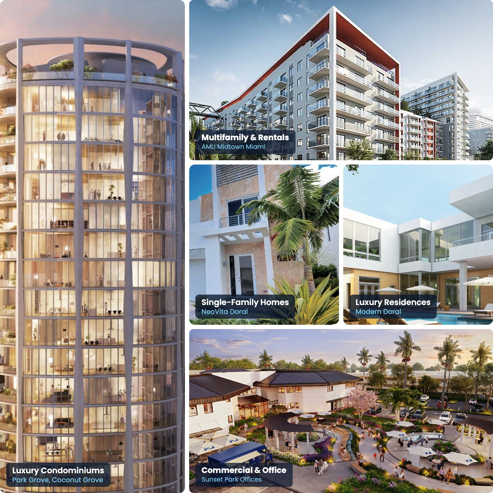 Real estate marketing portfolio by property type: Park Grove luxury condominiums, AMLI Midtown Miami multifamily rentals, NeoVita Doral single-family homes, Modern Doral luxury residences and the Sunset Park Offices courtyard