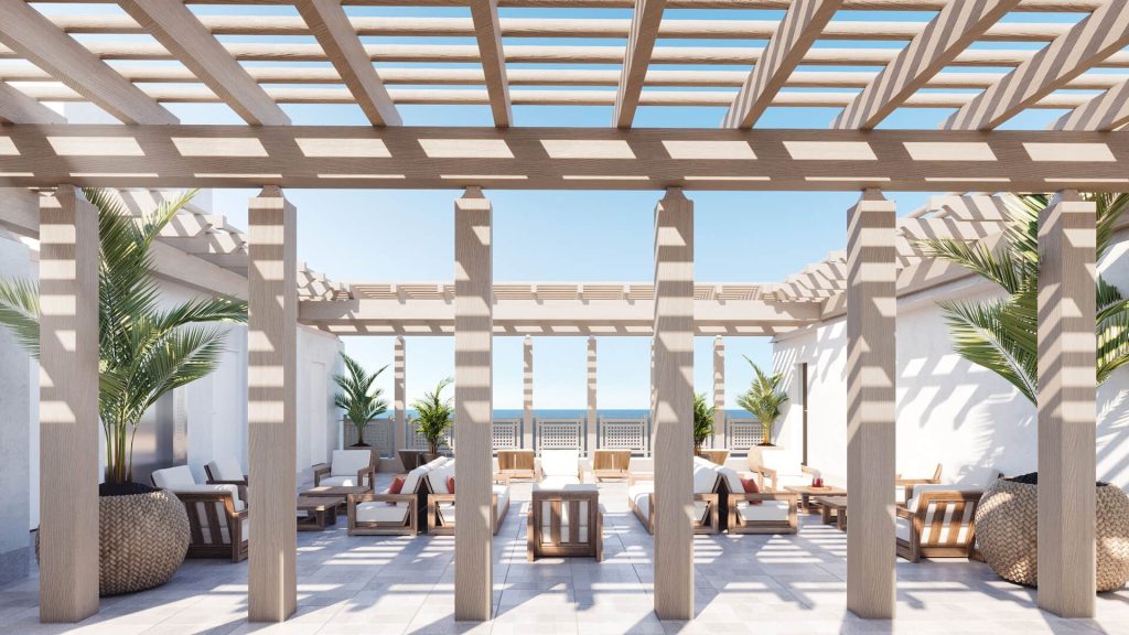 3D rendering of a rooftop amenity terrace with pergola and ocean view