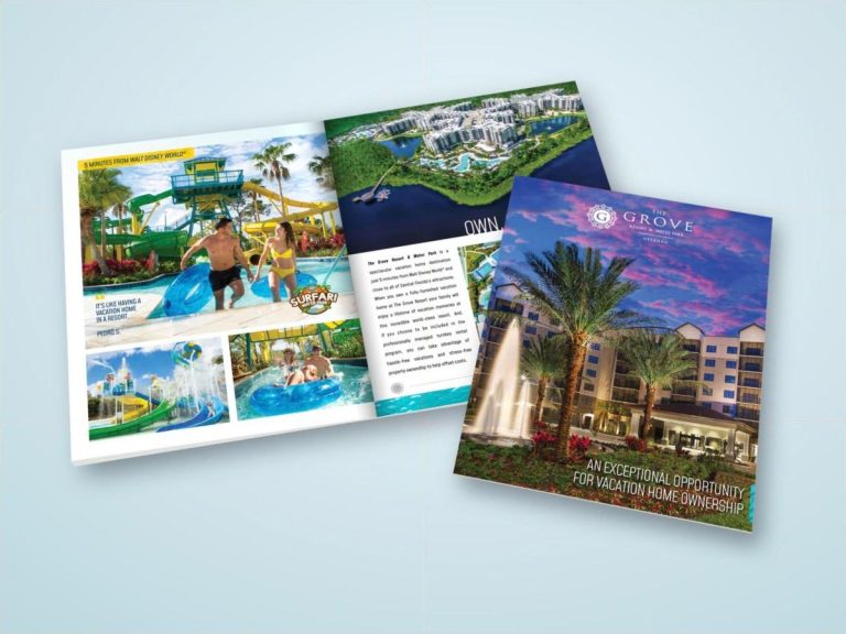 The Grove Resort & Water Park Orlando brochure cover with open Surfari Water Park spread