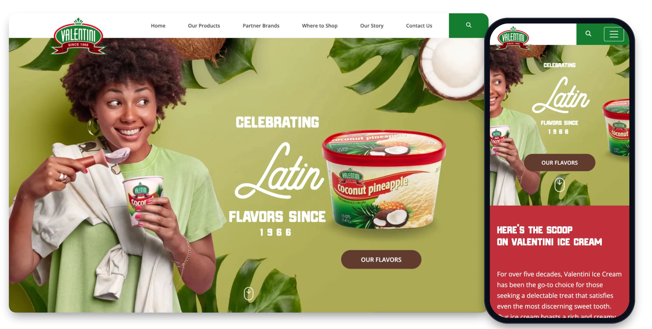 Valentini Ice Cream website shown on desktop and mobile, designed and developed by Creative Mindworks