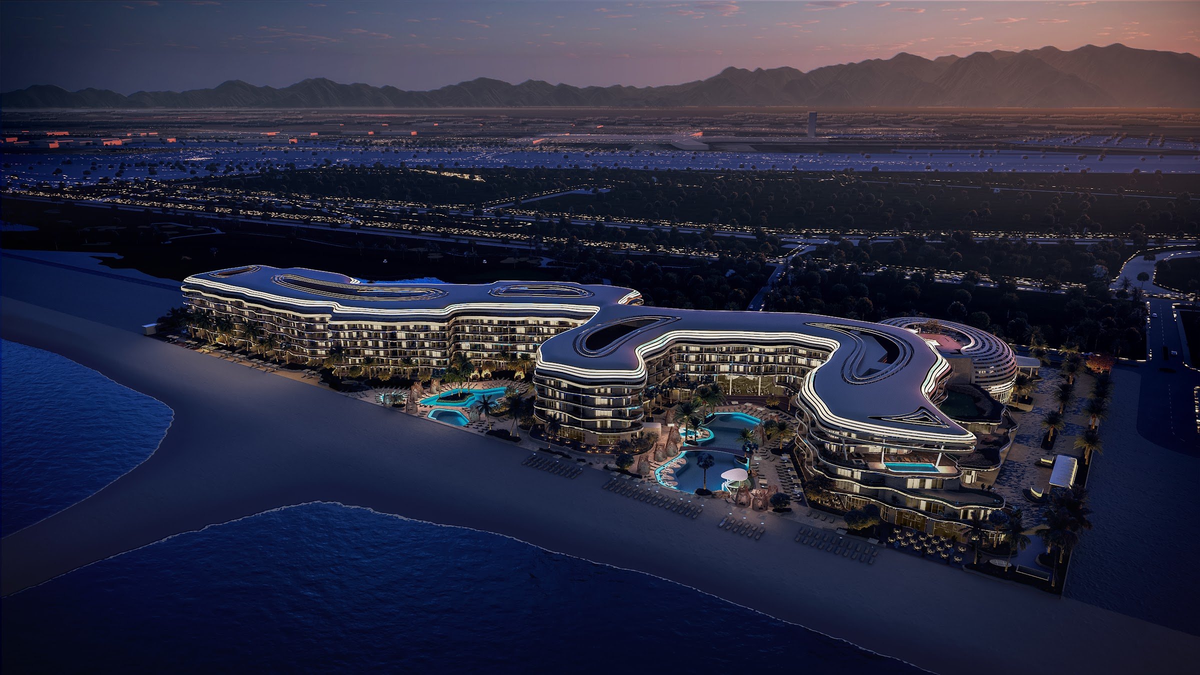 Aerial 3D rendering of a waterfront resort at dusk with pools and marina